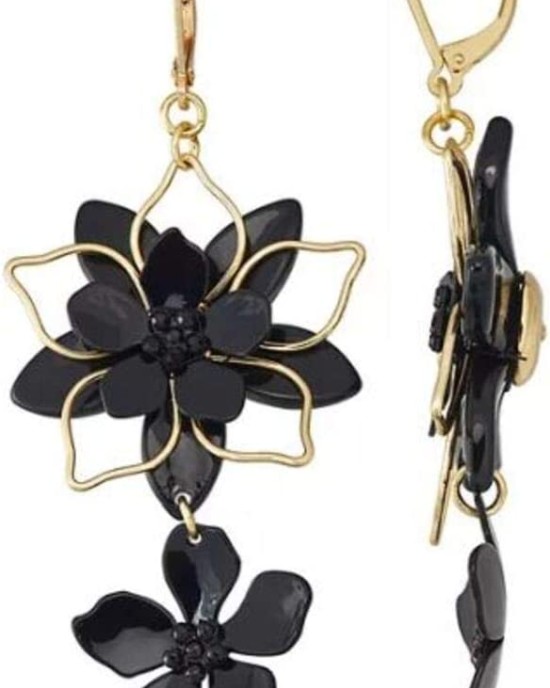 Nine West Black & Gold Tone Floral Double Drop Earrings